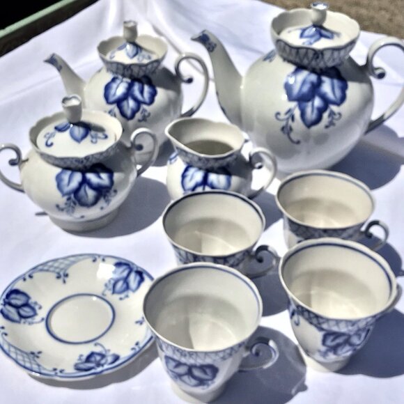 Rare Vtg Russian (USSR) Soviet Antq DULEVO Dapko Blue Floral Porcelain Tea Set - Picture 6 of 16